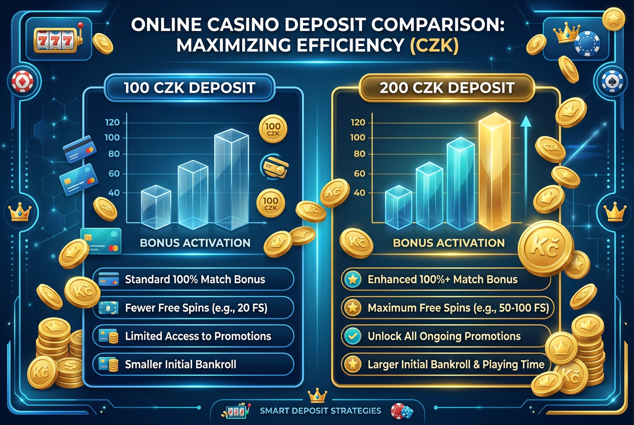Infografika srovnání výhodnosti vkladu 200 CZK oproti nižším částkám v online casinu