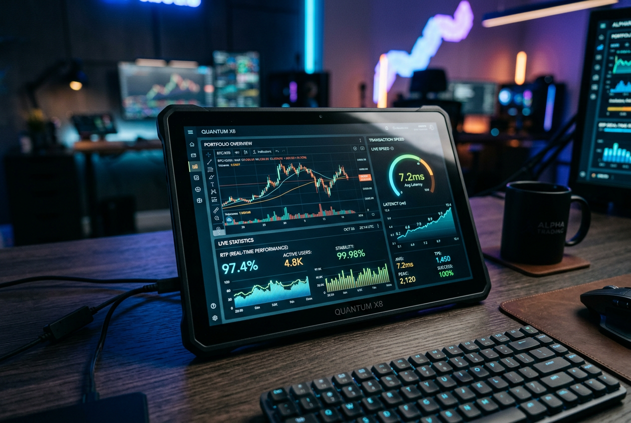 Moderní digitální pracovní plocha s finančními grafy a analýzou herních dat