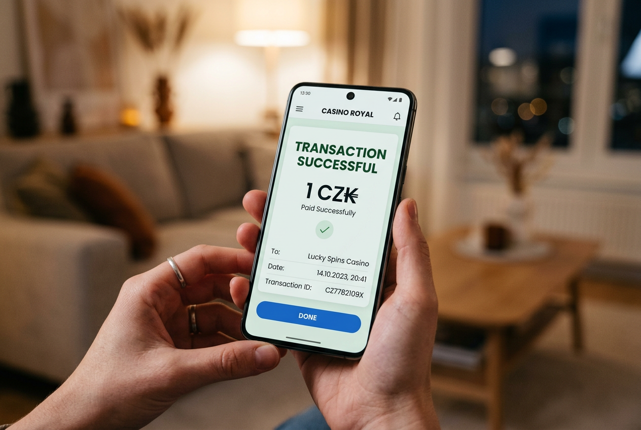 Mobilní telefon s potvrzením o úspěšném mikro-vkladu 1 Kč v online casinu