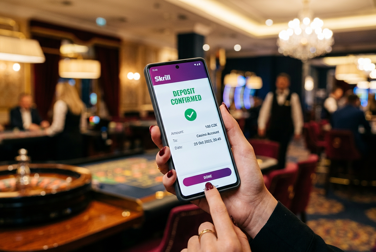 Mobilní telefon se zobrazením úspěšného vkladu 100 Kč přes aplikaci Skrill v prostředí online kasina